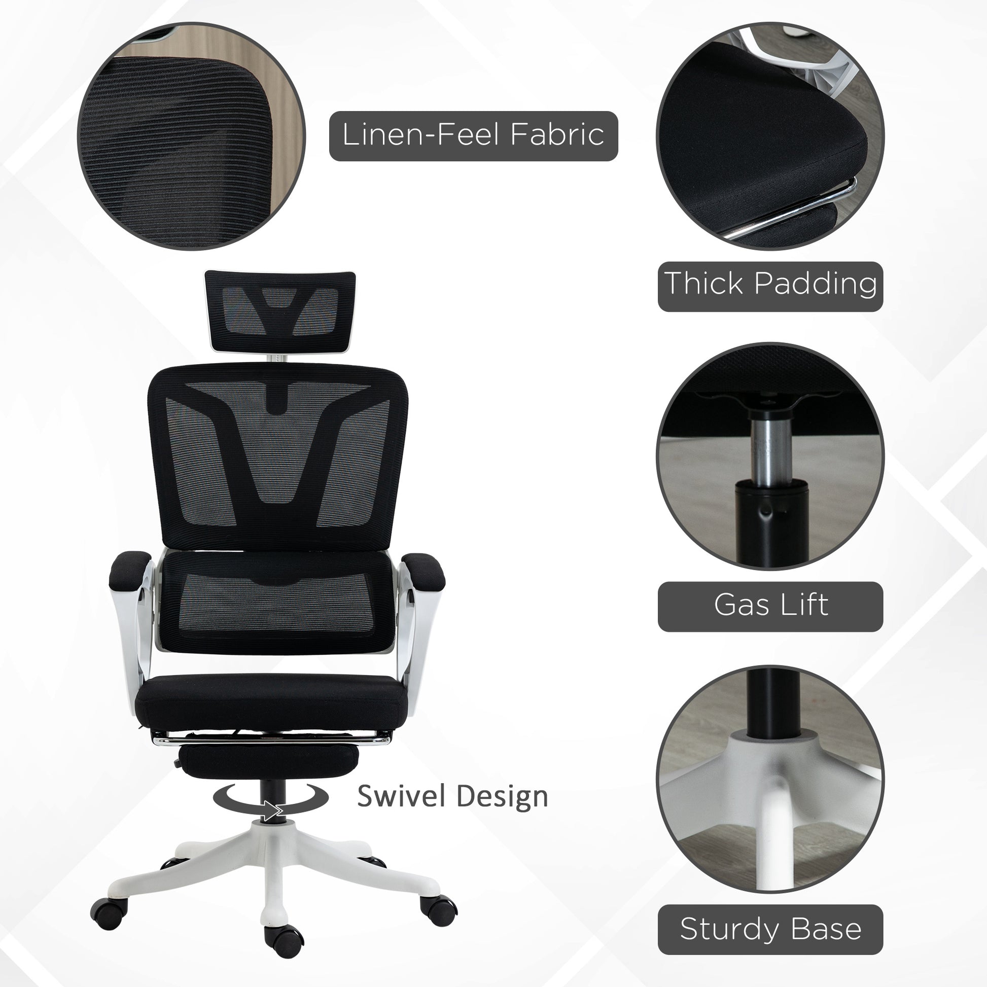 Image for Vinsetto Mesh Office Chair, Reclining Desk Chair with Adjustable Headrest, Lumbar Support, Foot Rest, Swivel Wheels, Adjustable Height, Black