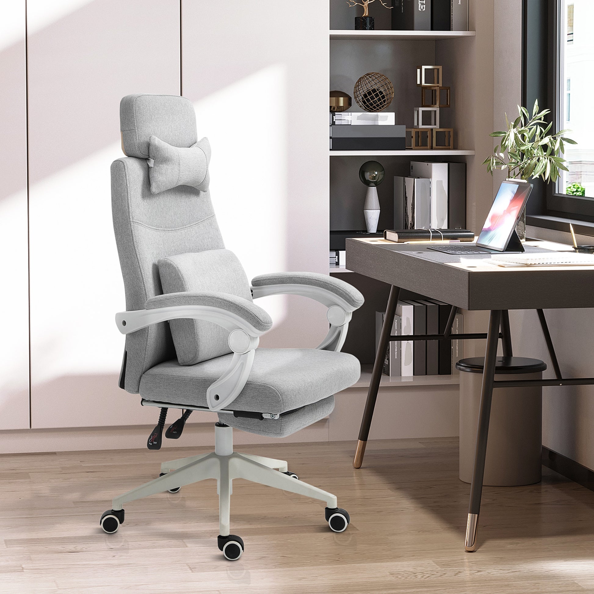 Image for Vinsetto Home Office Chair w/ Manual Footrest Recliner Padded Modern Adjustable Swivel Seat w/ 2 Pillows Armrest Ergonomic Grey