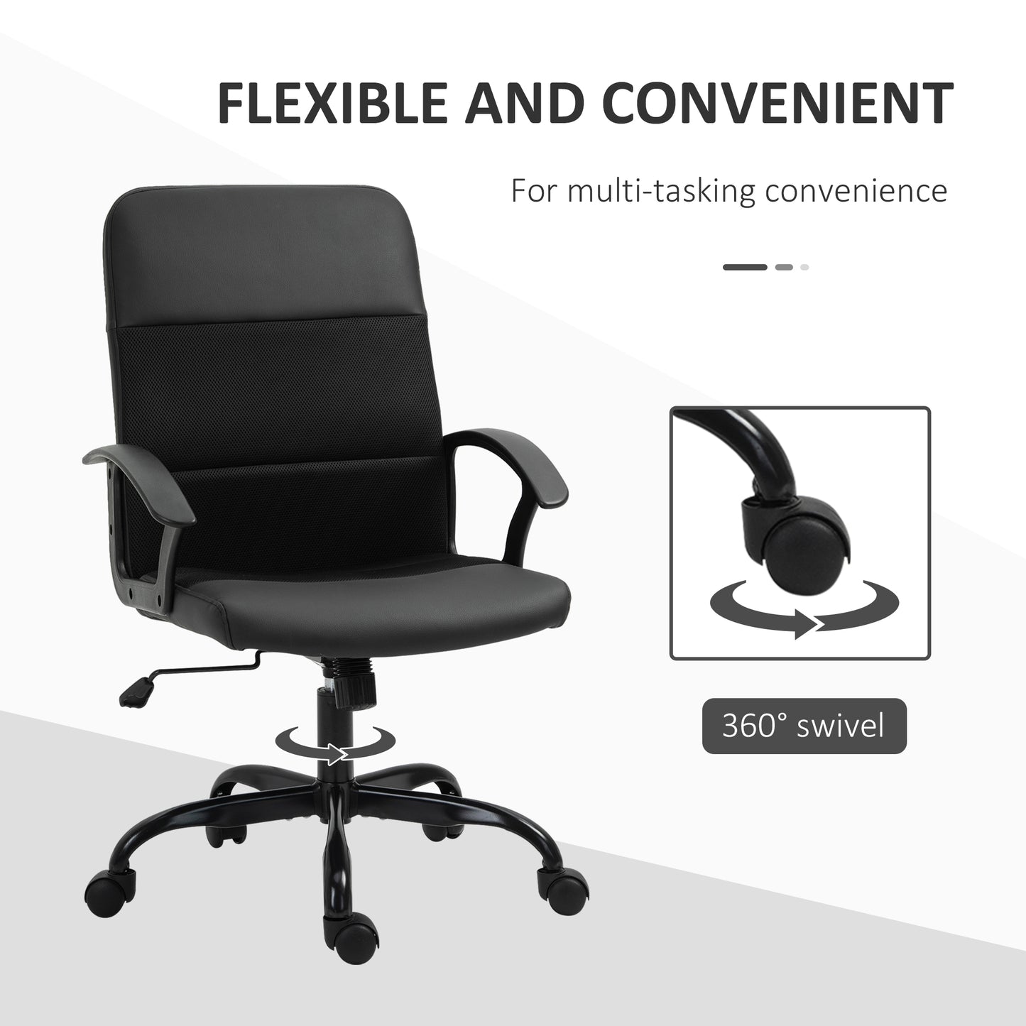 Image for Vinsetto PVC Leather & Mesh Panel Blend Office Chair Swivel Seat w/ Padding Ergonomic Desk Adjustable Height Tilt 5 Wheels Stylish Black