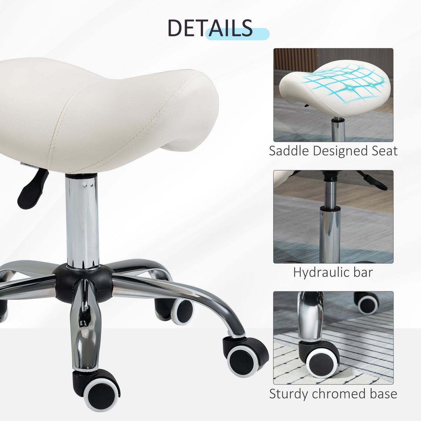 HOMCOM Cosmetic Stool 360 Rotate Height Adjustable Salon Massage Spa Chair Hydraulic Rolling Faux Leather Saddle Stool
