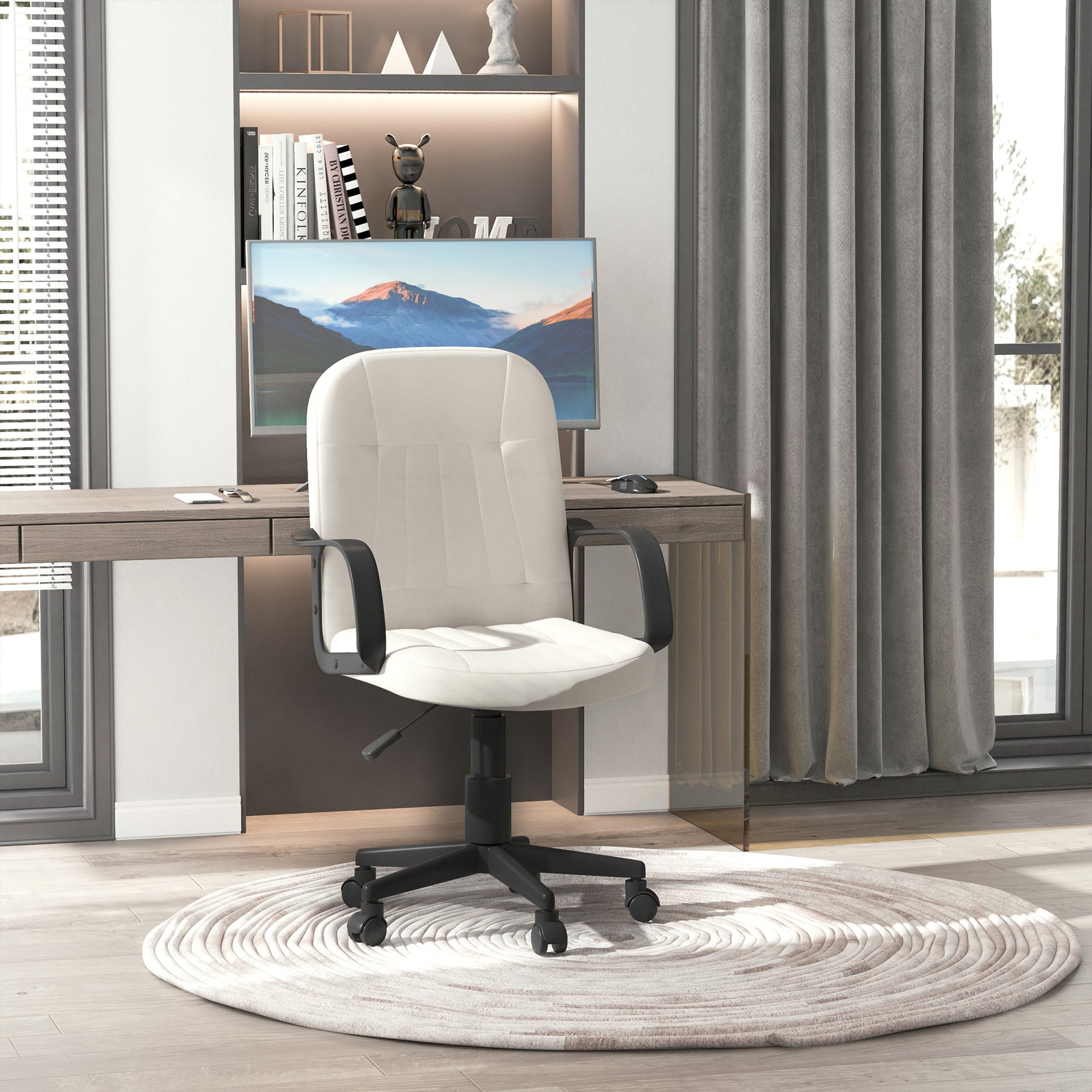 Image for HOMCOM Swivel Executive Office Chair Home Office Mid Back PU Leather Computer Desk Chair for Adults with Arm, Wheels, Cream