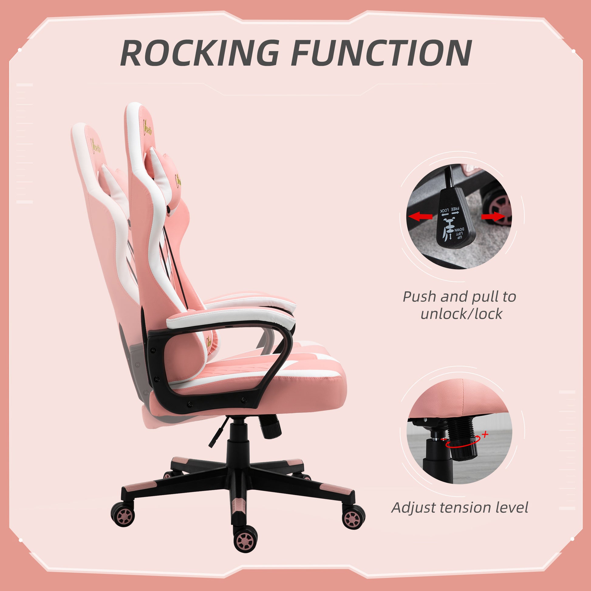 Image for Vinsetto Racing Gaming Chair with Lumbar Support, Headrest, Swivel Wheel, PVC Leather Gamer Desk Chair for Home Office, Pink White