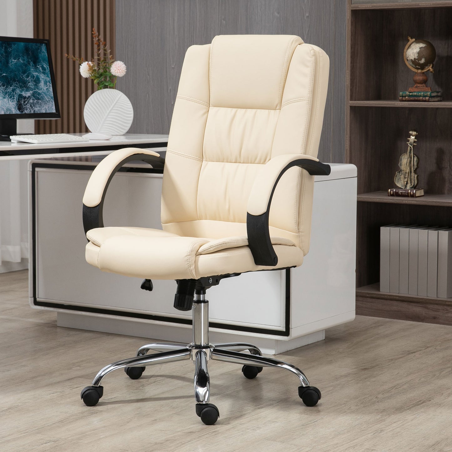 Image for Vinsetto High Back Swivel Chair, PU Leather Executive Office Chair with Padded Armrests, Adjustable Height, Tilt Function, Beige