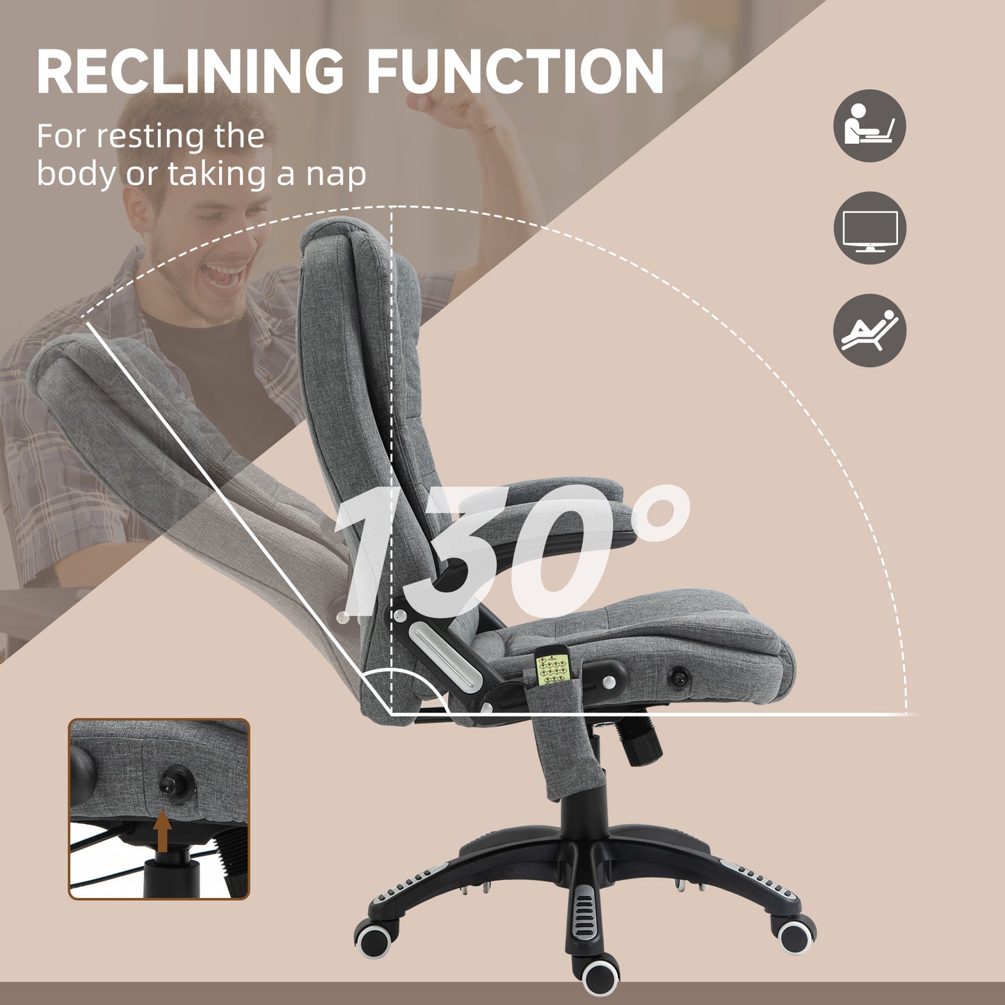 Image for Vinsetto Massage Recliner Chair Heated Office Chair with Six Massage Points Linen-Feel Fabric 360° Swivel Wheels Grey