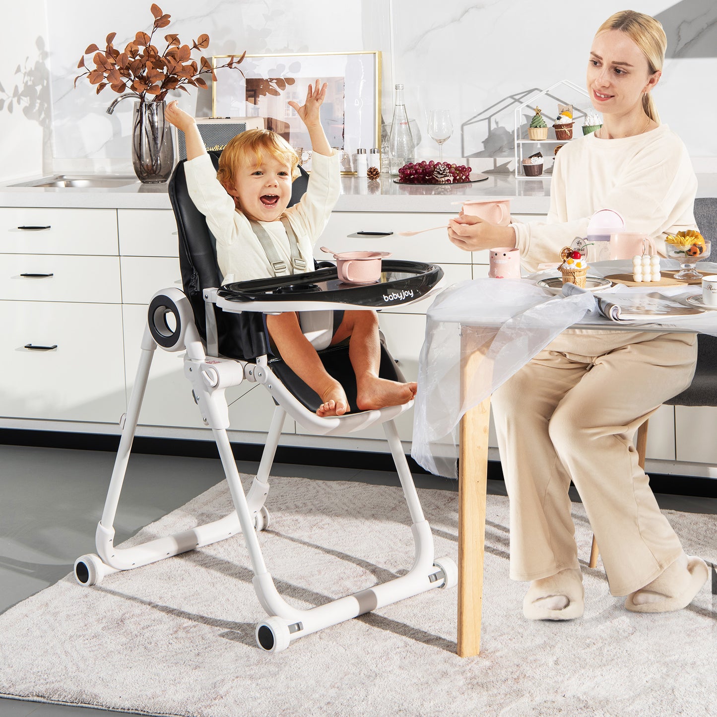 Folding Baby High Chair with Lockable Wheels and Removable Trays and Cushion-Black