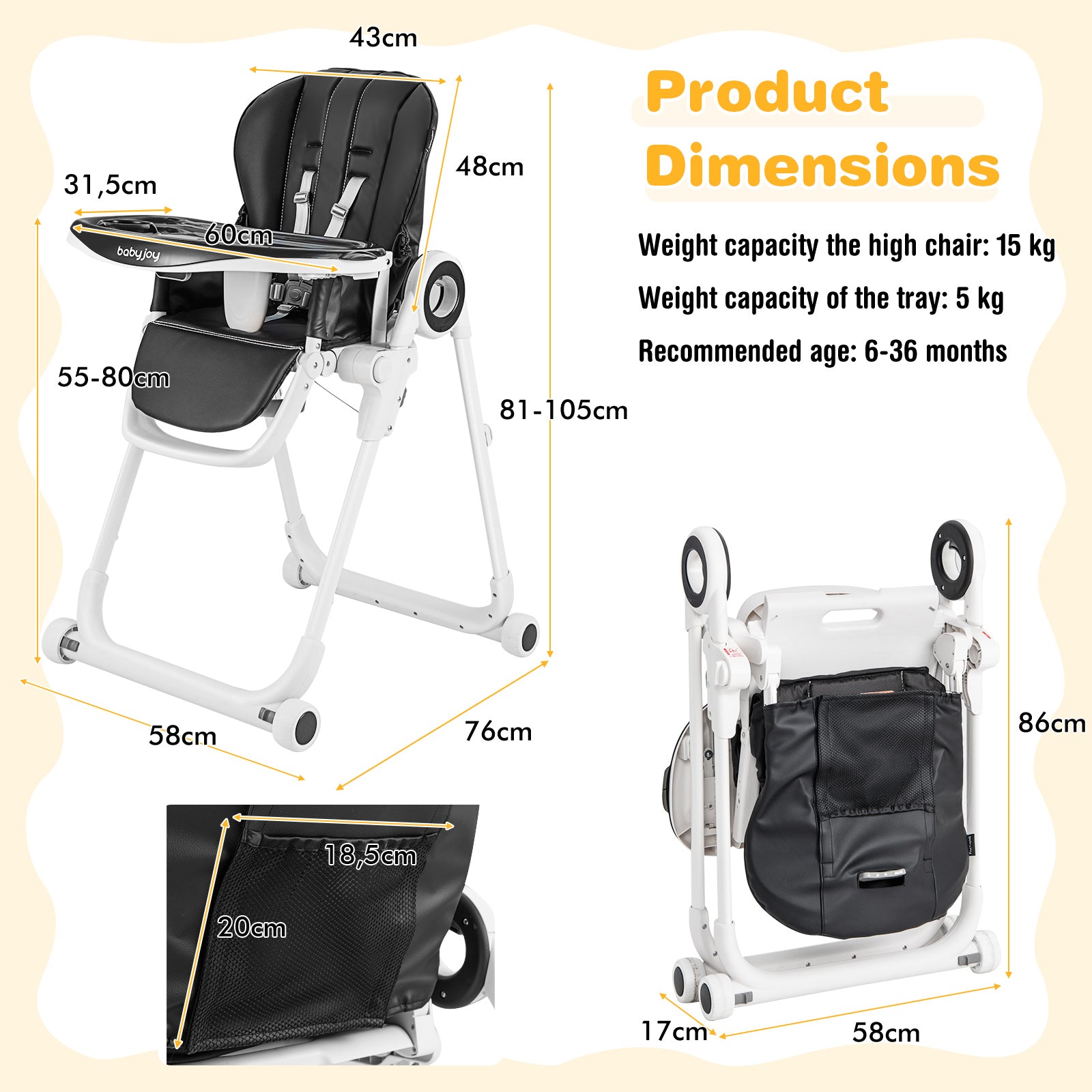 Folding Baby High Chair with Lockable Wheels and Removable Trays and Cushion-Black