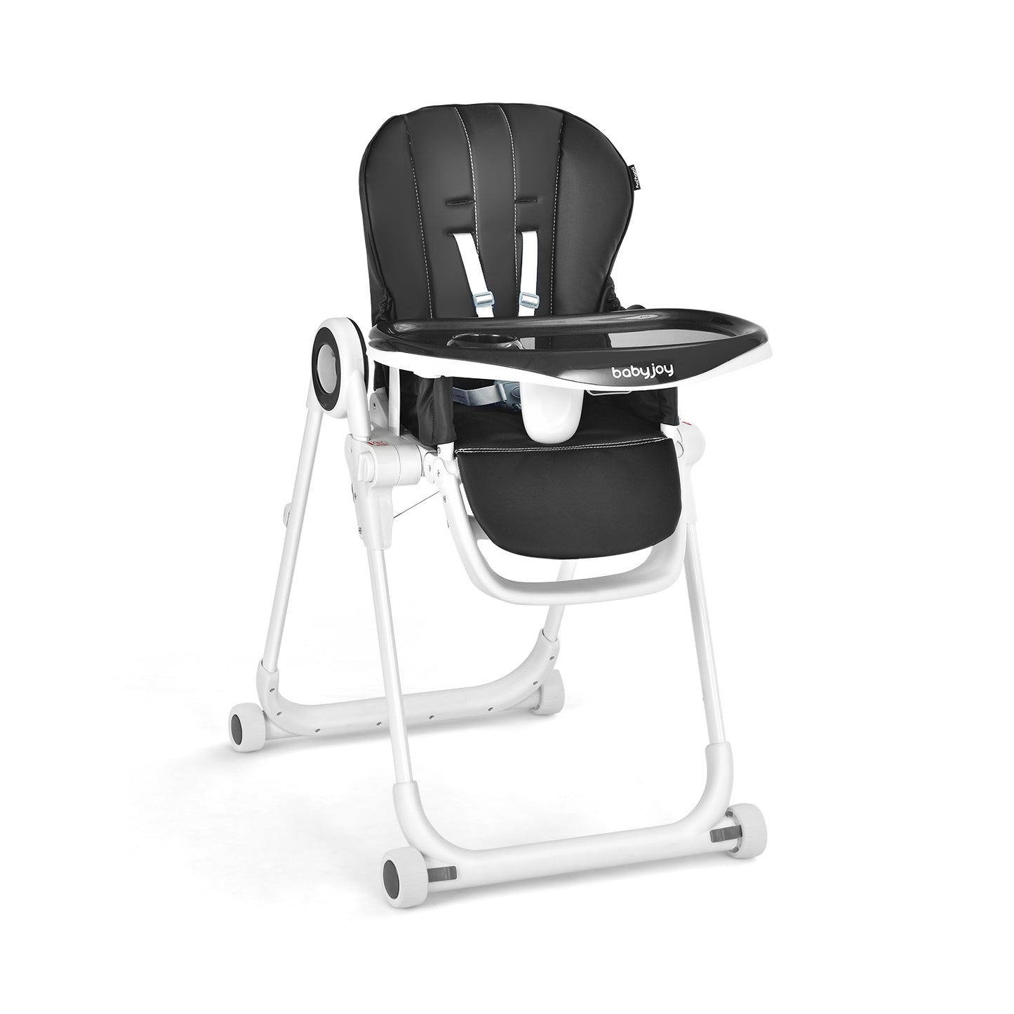 Folding Baby High Chair with Lockable Wheels and Removable Trays and Cushion-Black