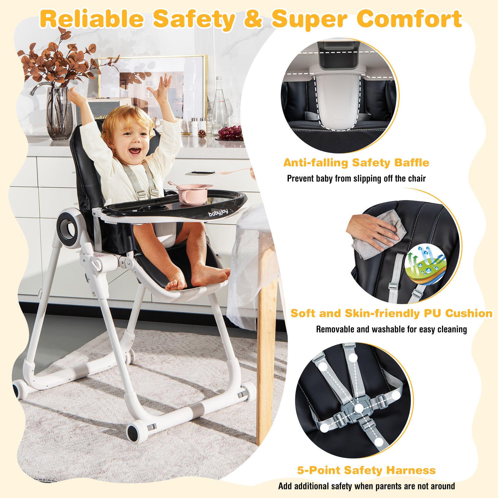 Folding Baby High Chair with Lockable Wheels and Removable Trays and Cushion-Black