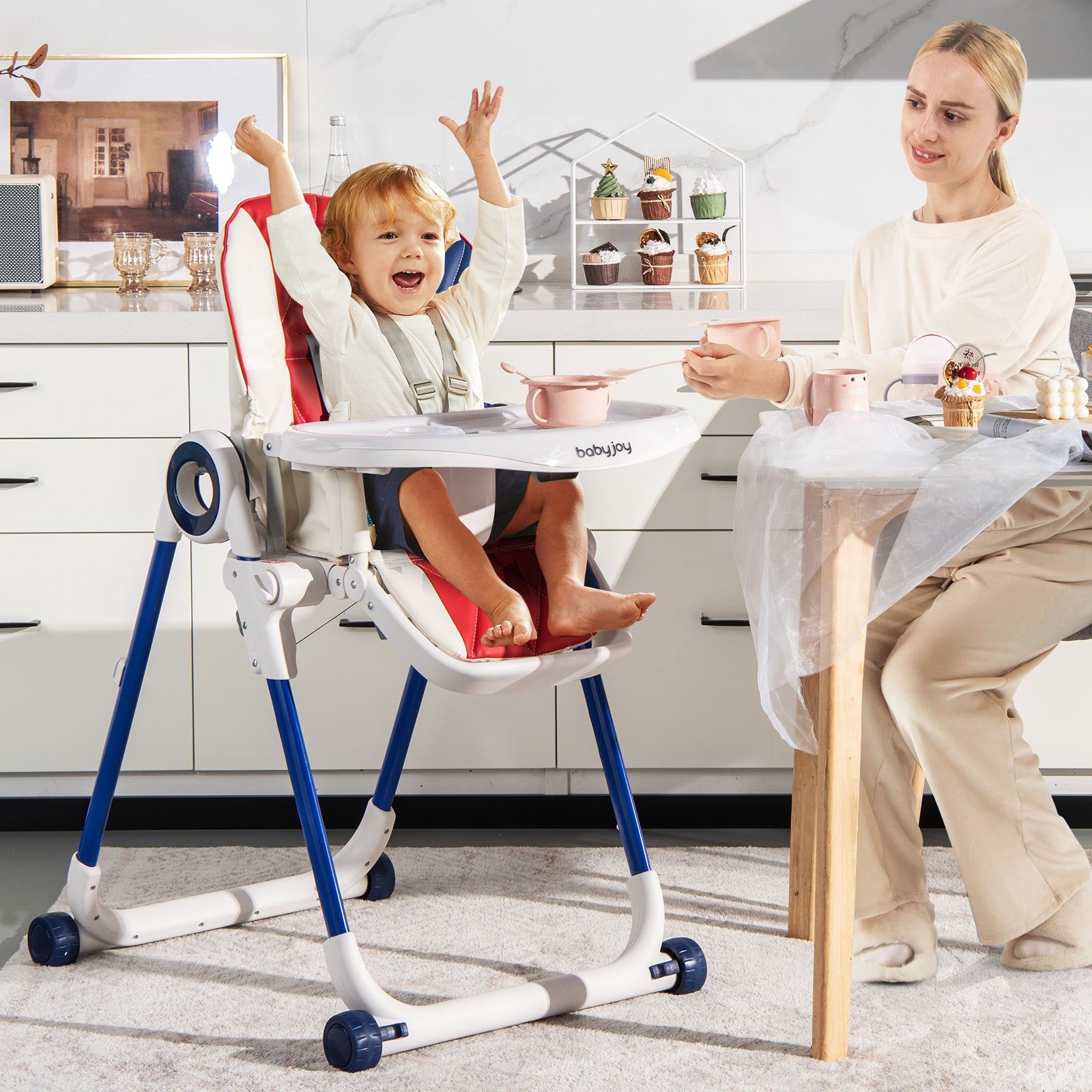 Folding Baby High Chair with Lockable Wheels and Removable Trays and Cushion-Black