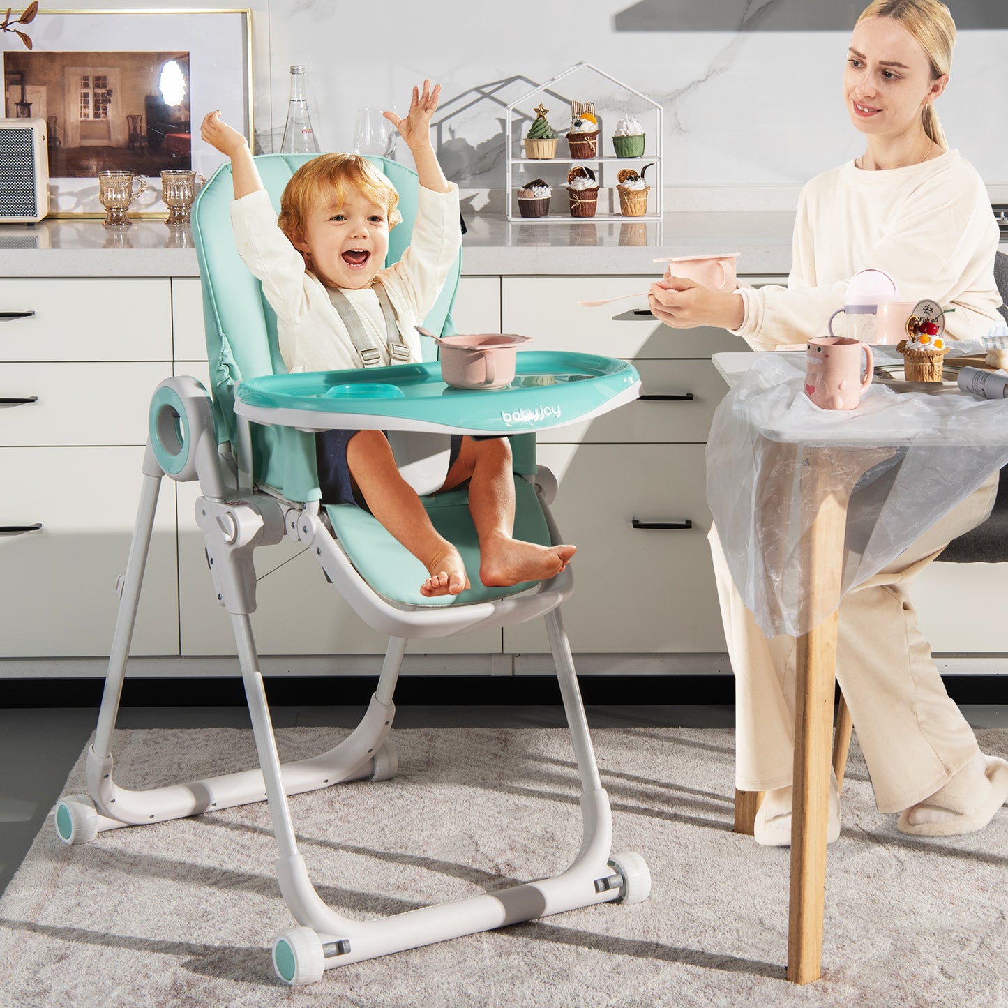 Folding Baby High Chair with Lockable Wheels and Removable Trays and Cushion-Black