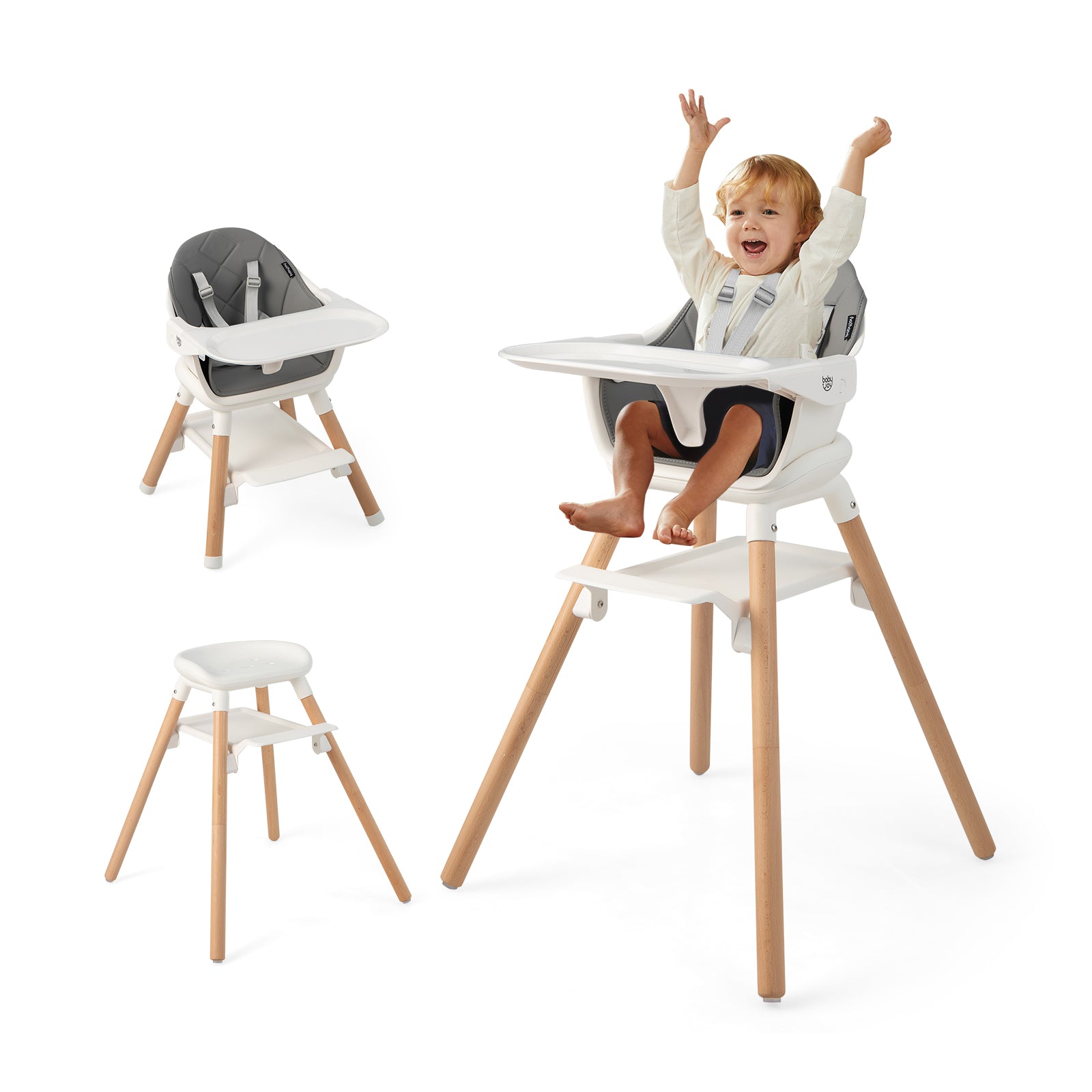 6-in-1 Convertible Baby Highchair with Safe Tray-White