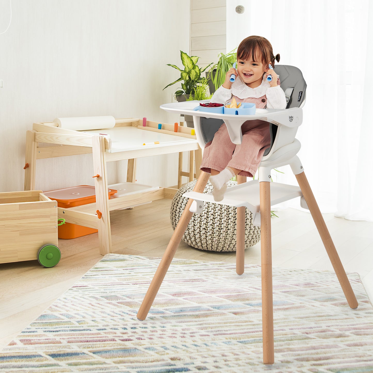 6-in-1 Convertible Baby Highchair with Safe Tray-White