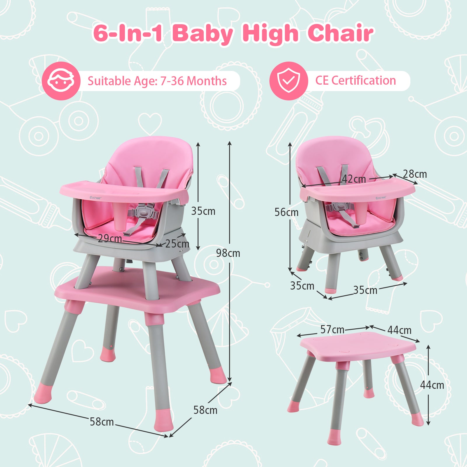 6-in-1 Baby High Chair with 5-Point Harness and Removable Tray - ChairwayUK