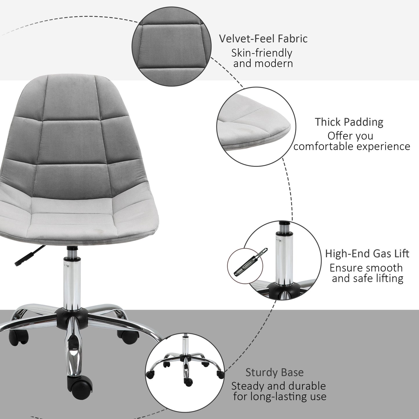 Image for Vinsetto Ergonomic Office Chair with Adjustable  Height and Wheels Velvet Executive Chair Armless for Home Study Bedroom Grey