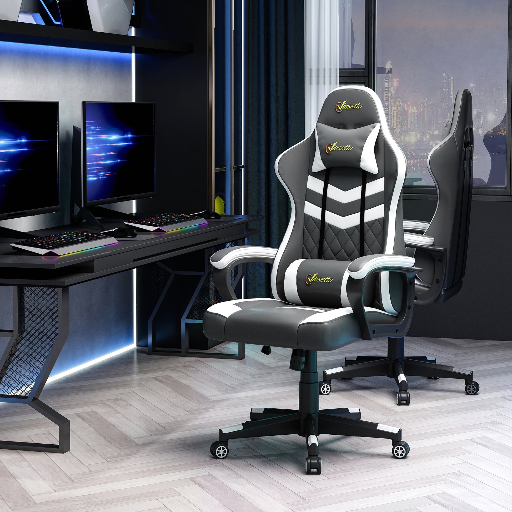 Image for Vinsetto Racing Gaming Chair with Lumbar Support, Headrest, Swivel Wheel, PVC Leather Gamer Desk Chair for Home Office, Grey White