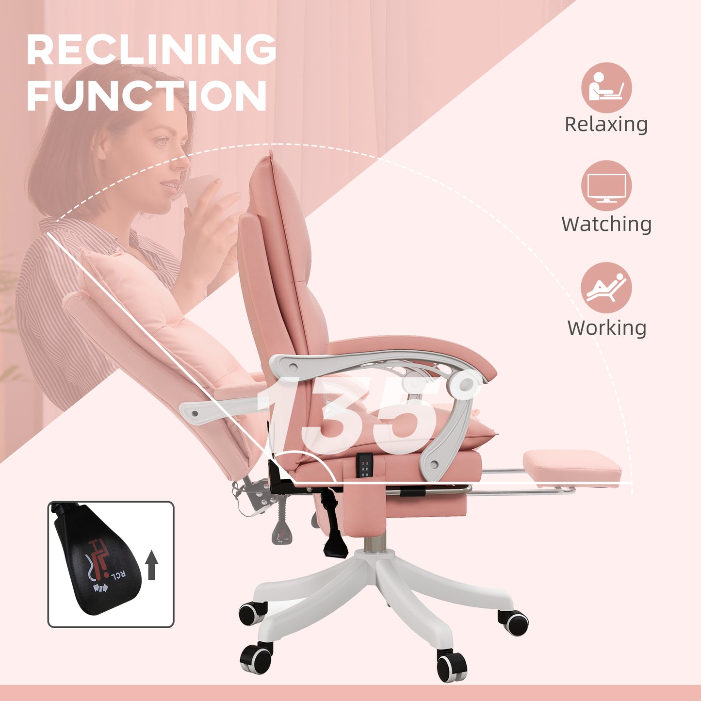 Image for Vinsetto Vibration Massage Office Chair with Heat, Faux Leather Computer Chair with Footrest, Armrest, Reclining Back, Double-tier Padding, Pink