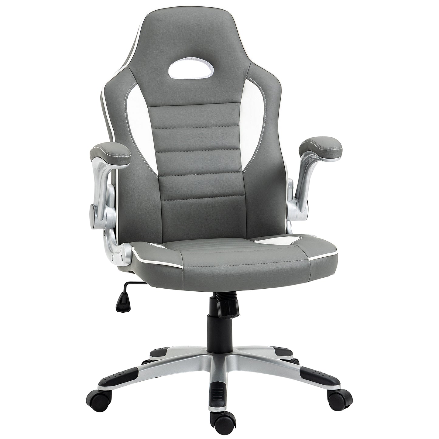 Image for HOMCOM Racing Gaming Chair, PU Leather Computer Desk Chair, Height Adjustable Swivel Chair With Tilt Function and Flip Up Armrests, Grey