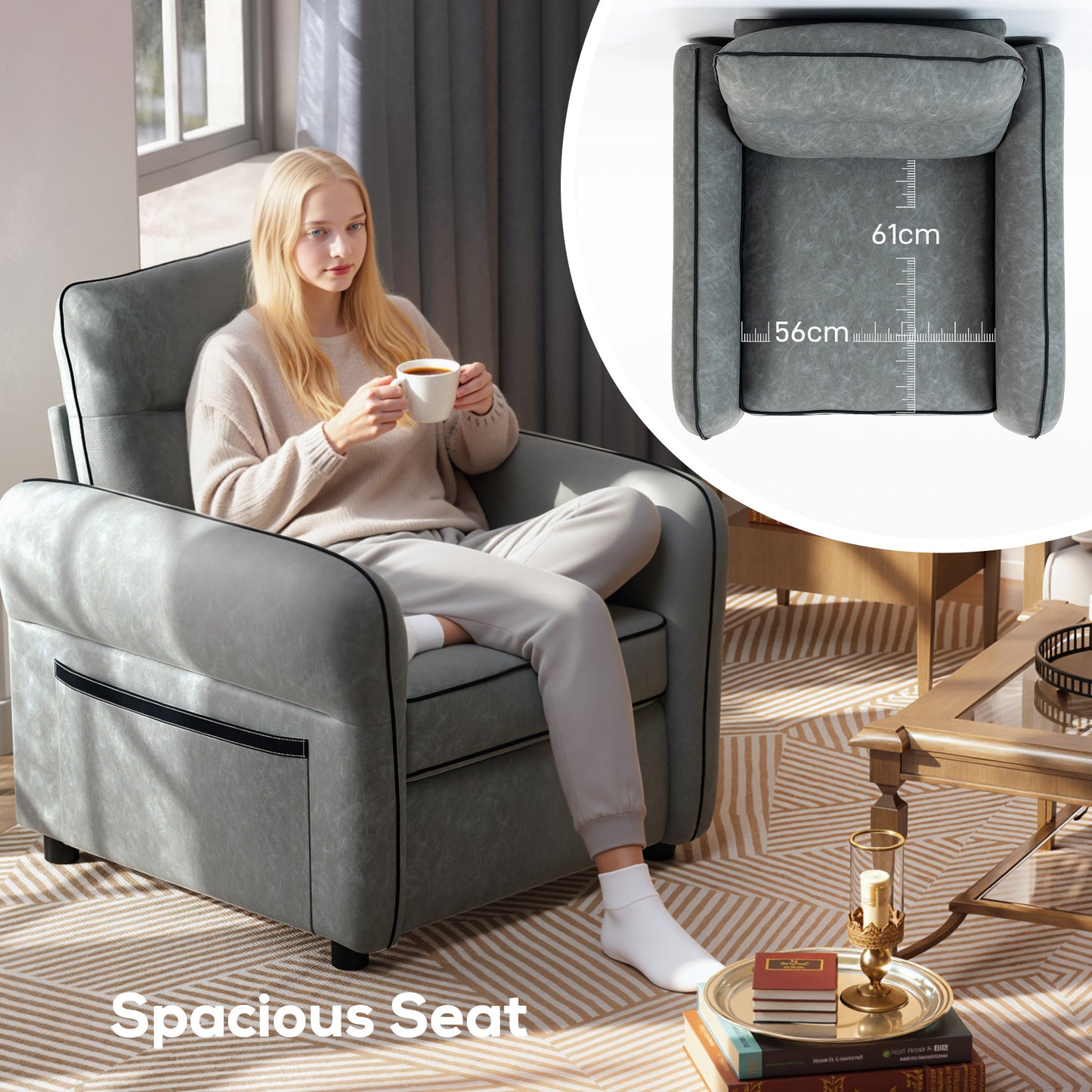 Accent Chair, Faux Leather Armchair - Grey_side_Dimensions