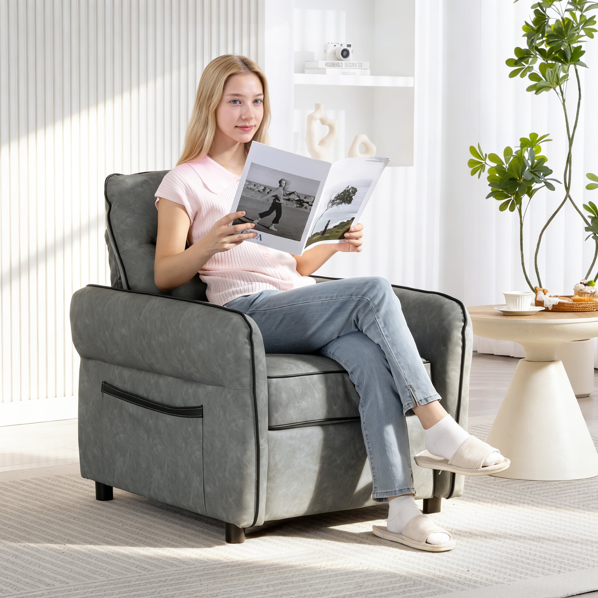 Accent Chair, Faux Leather Armchair - Grey_side_RealLife