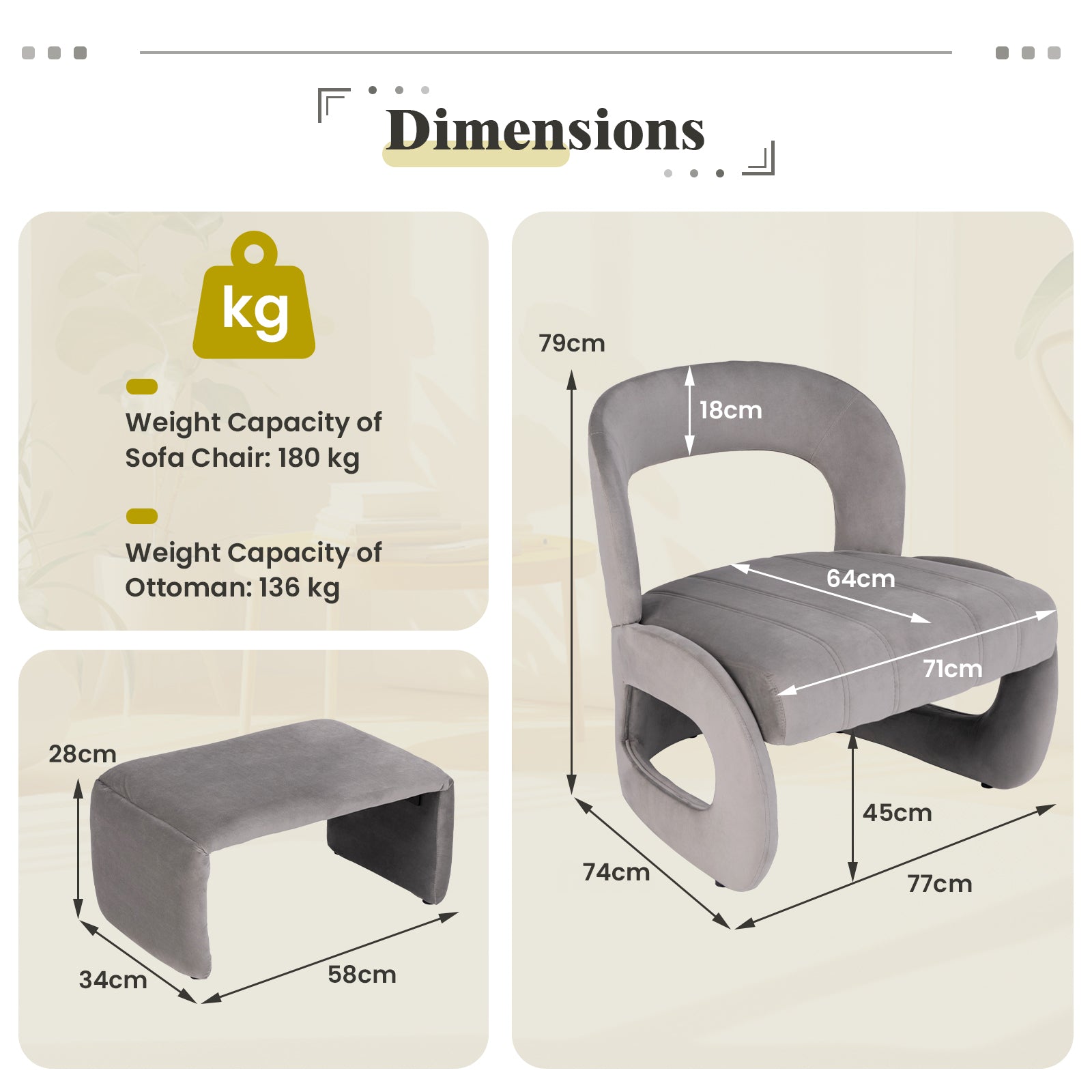 Accent Chair with Ottoman and Open Curved Back-Grey Doimensions