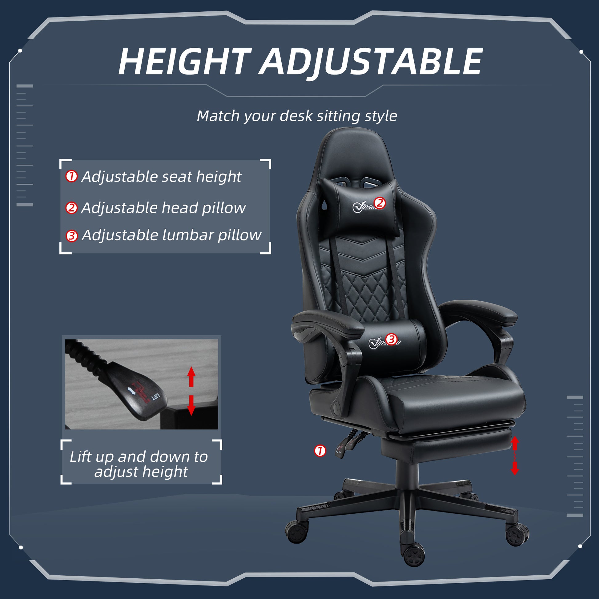 Image for Vinsetto Racing Gaming Chair with Swivel Wheel, Footrest, PU Leather Recliner Gamer Desk for Home Office, Black