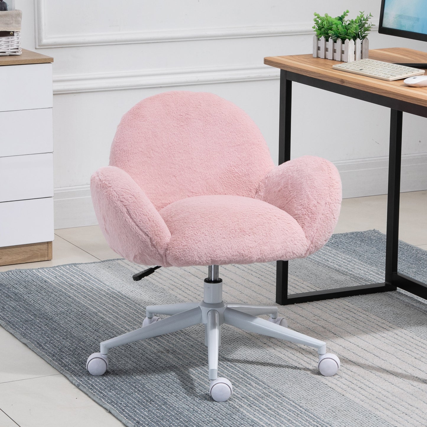 Image for HOMCOM Fluffy Leisure Chair Office Chair with Backrest and Armrest for Home Bedroom Living Room with Wheels Pink