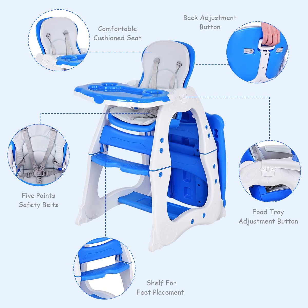 Convertible Baby High Chair with 5 Point Harness and Adjustable Feeding Tray-Blue