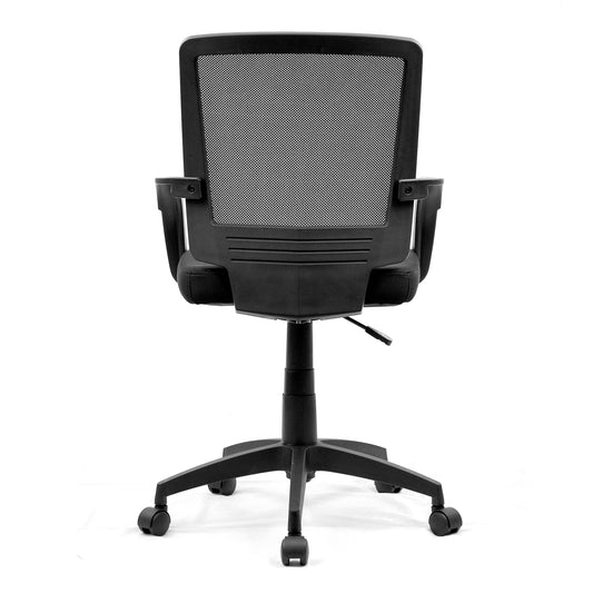 Medium Back Mesh Chair with Contoured Back and Upholstered Black Fabric Seat with Waterfall Front