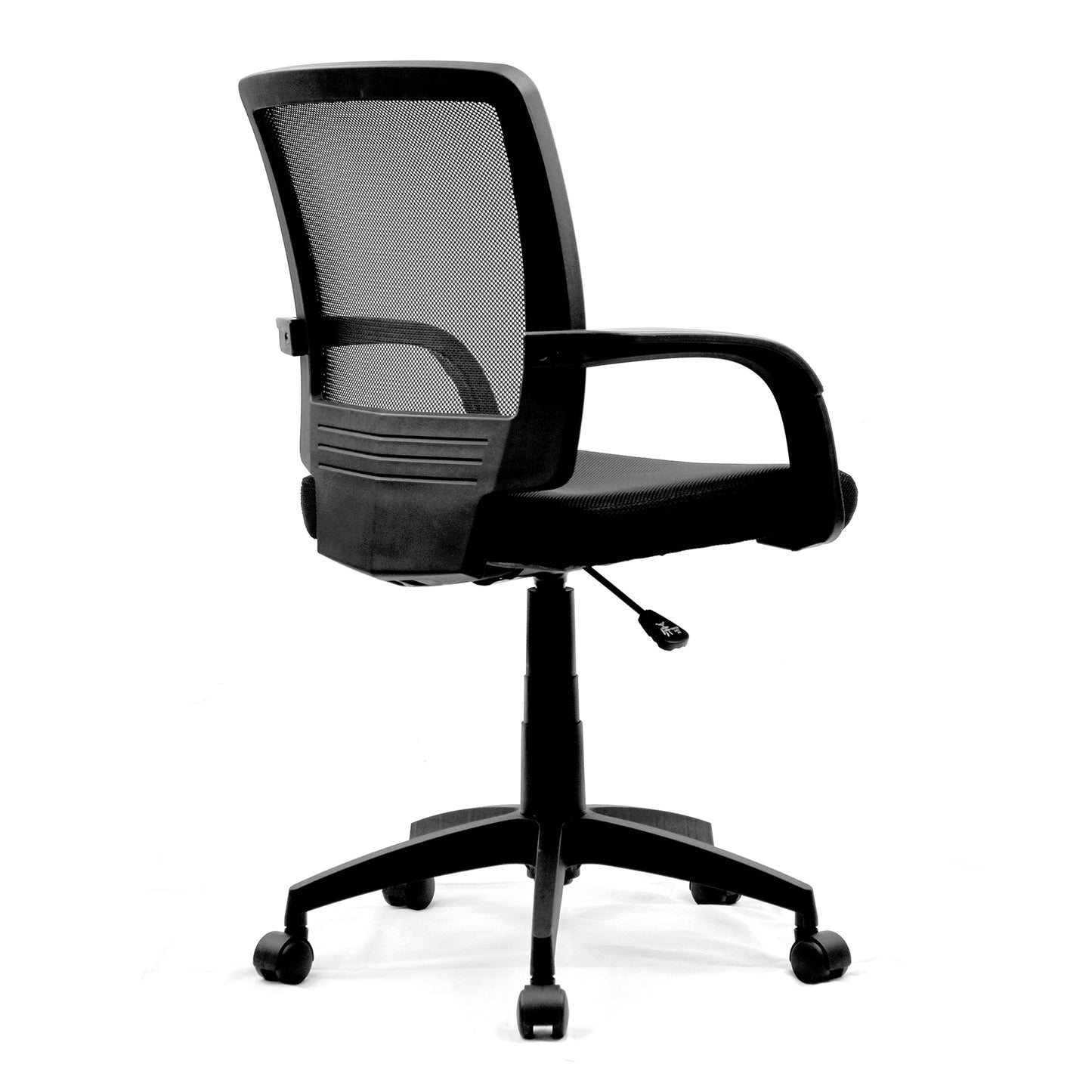 Medium Back Mesh Chair with Contoured Back and Upholstered Black Fabric Seat with Waterfall Front