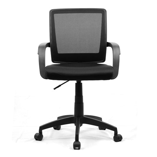 Medium Back Mesh Chair with Contoured Back and Upholstered Black Fabric Seat with Waterfall Front