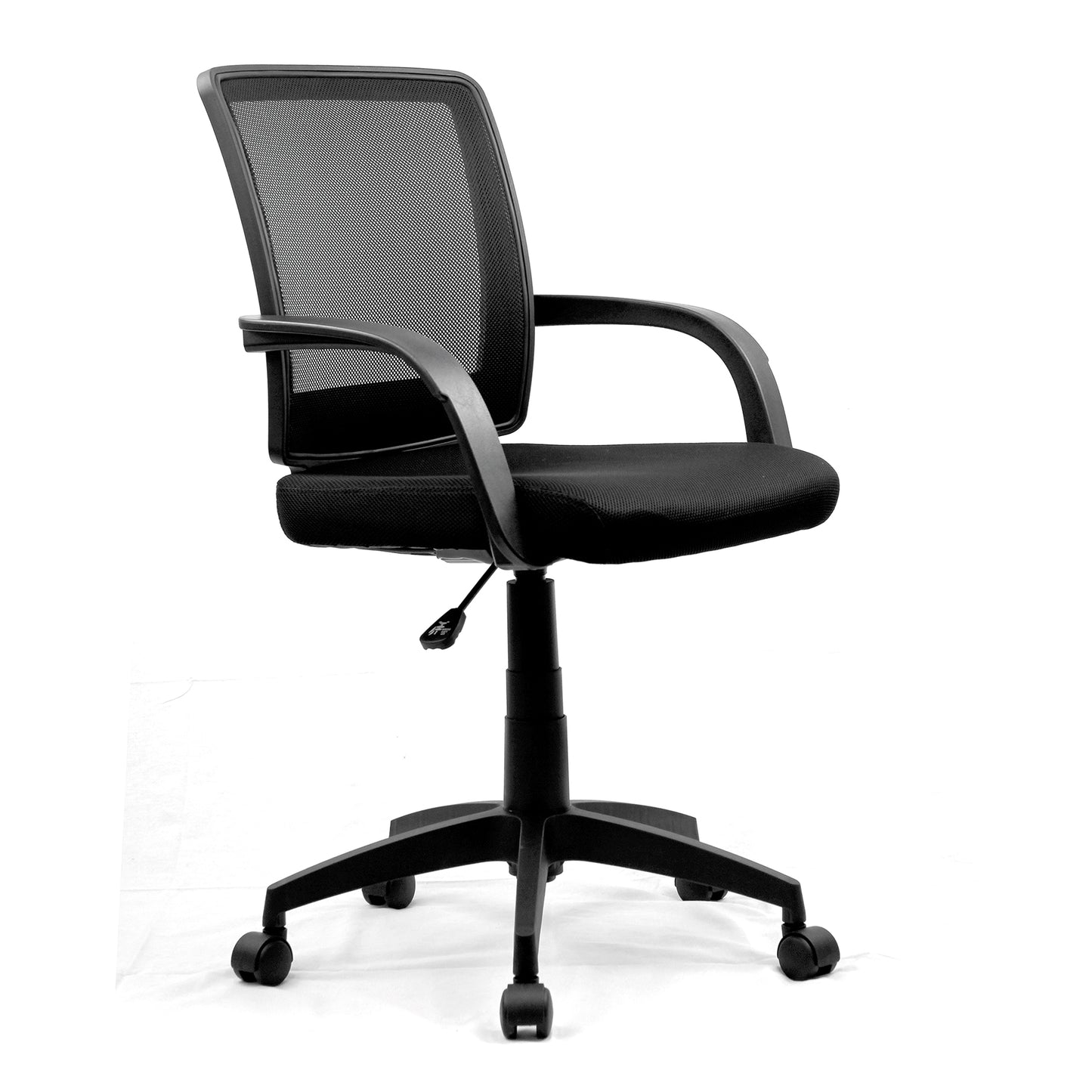 Medium Back Mesh Chair with Contoured Back and Upholstered Black Fabric Seat with Waterfall Front
