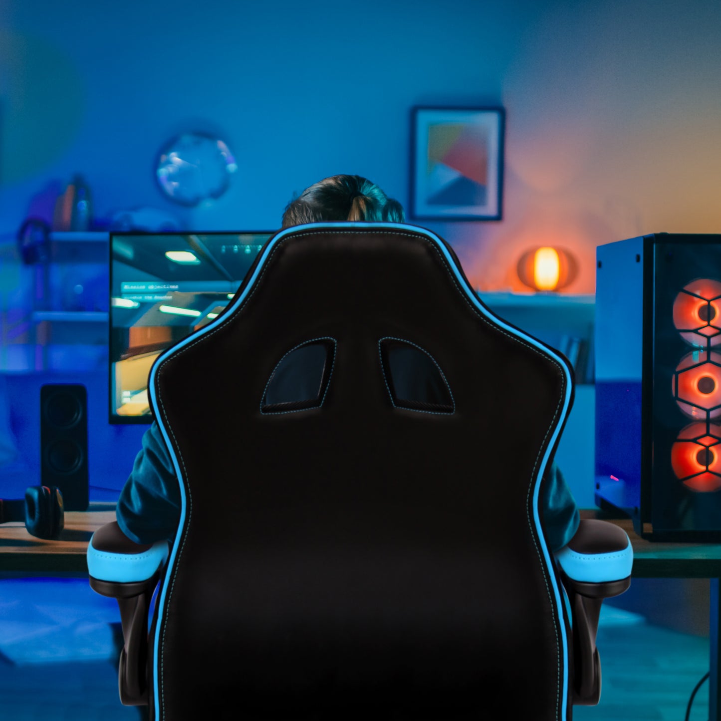 Executive Ergonomic Gaming Style Office Chair with Folding Arms, Integral Headrest and Lumbar Support- Blue