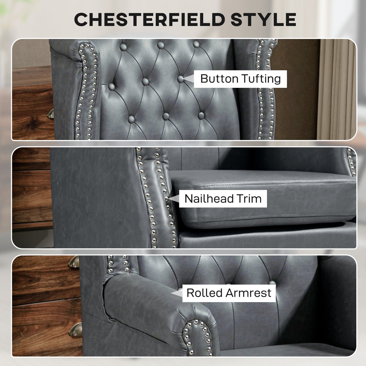 HOMCOM Wingback Accent Chair Tufted Chesterfield-style Armchair with Nail Head Trim for Living Room Bedroom - ChairwayUK