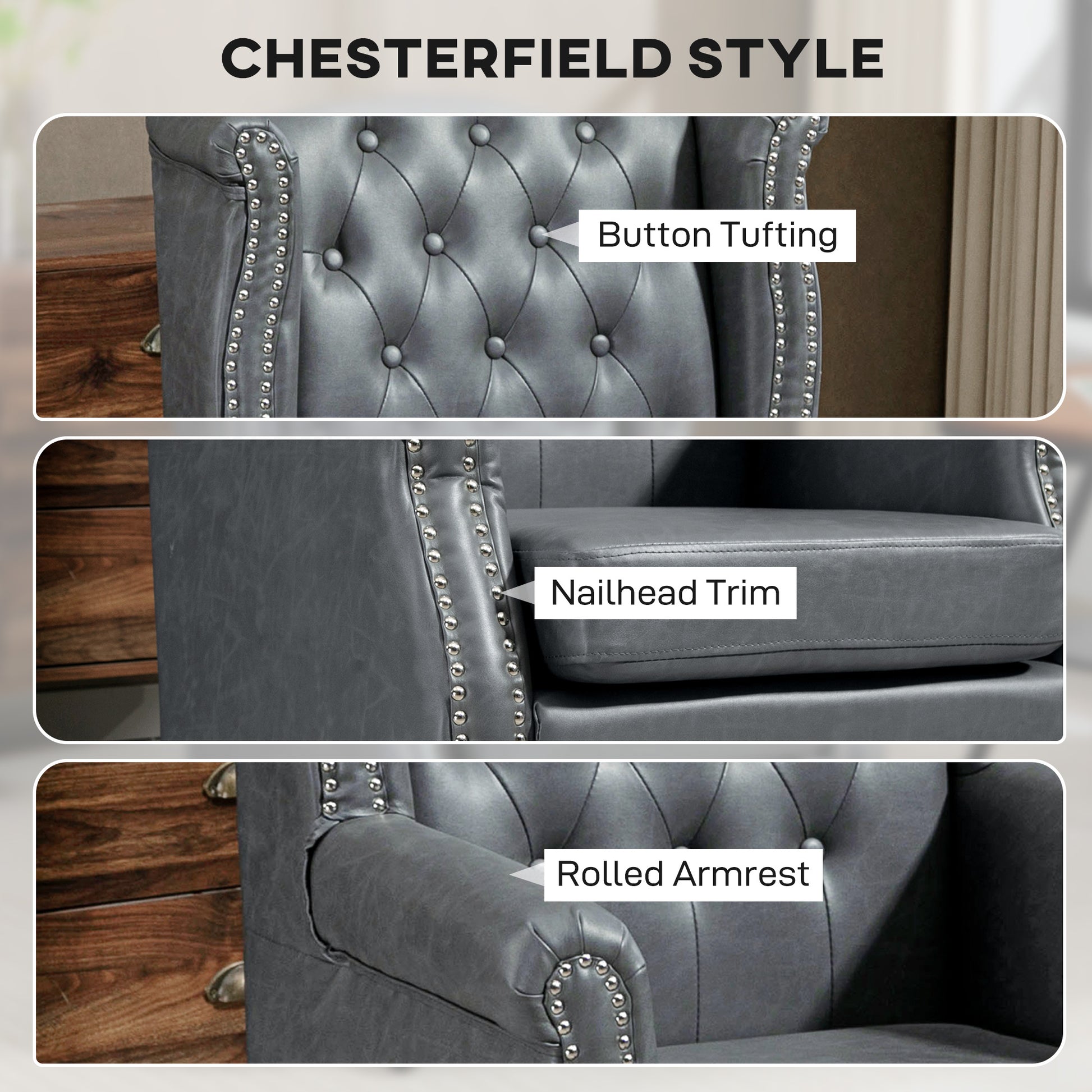 HOMCOM Wingback Accent Chair Tufted Chesterfield-style Armchair with Nail Head Trim for Living Room Bedroom - ChairwayUK