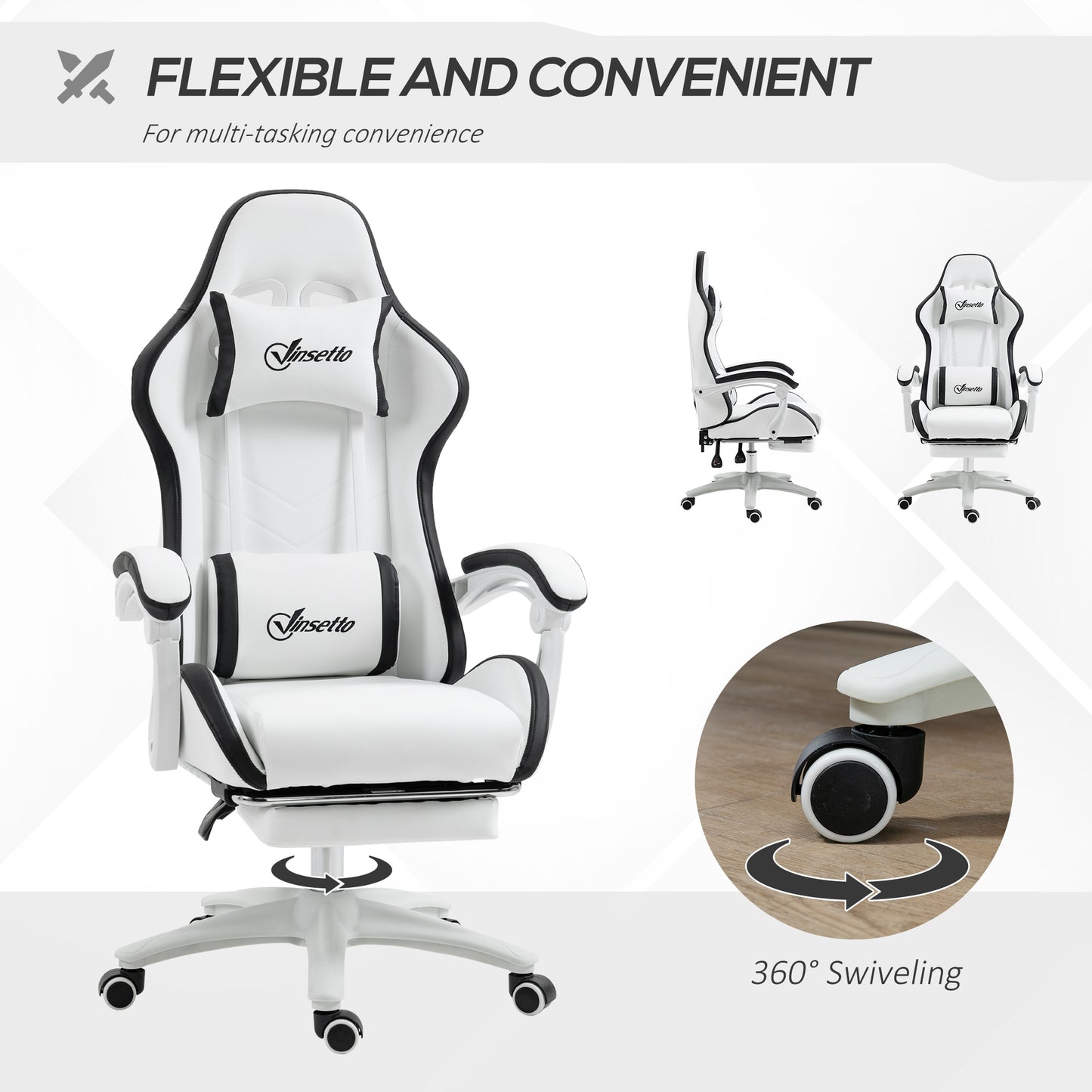 Image for Vinsetto Racing Gaming Chair, Reclining PU Leather Computer Chair with 360 Degree Swivel Seat, Footrest, Removable Headrest White and Black