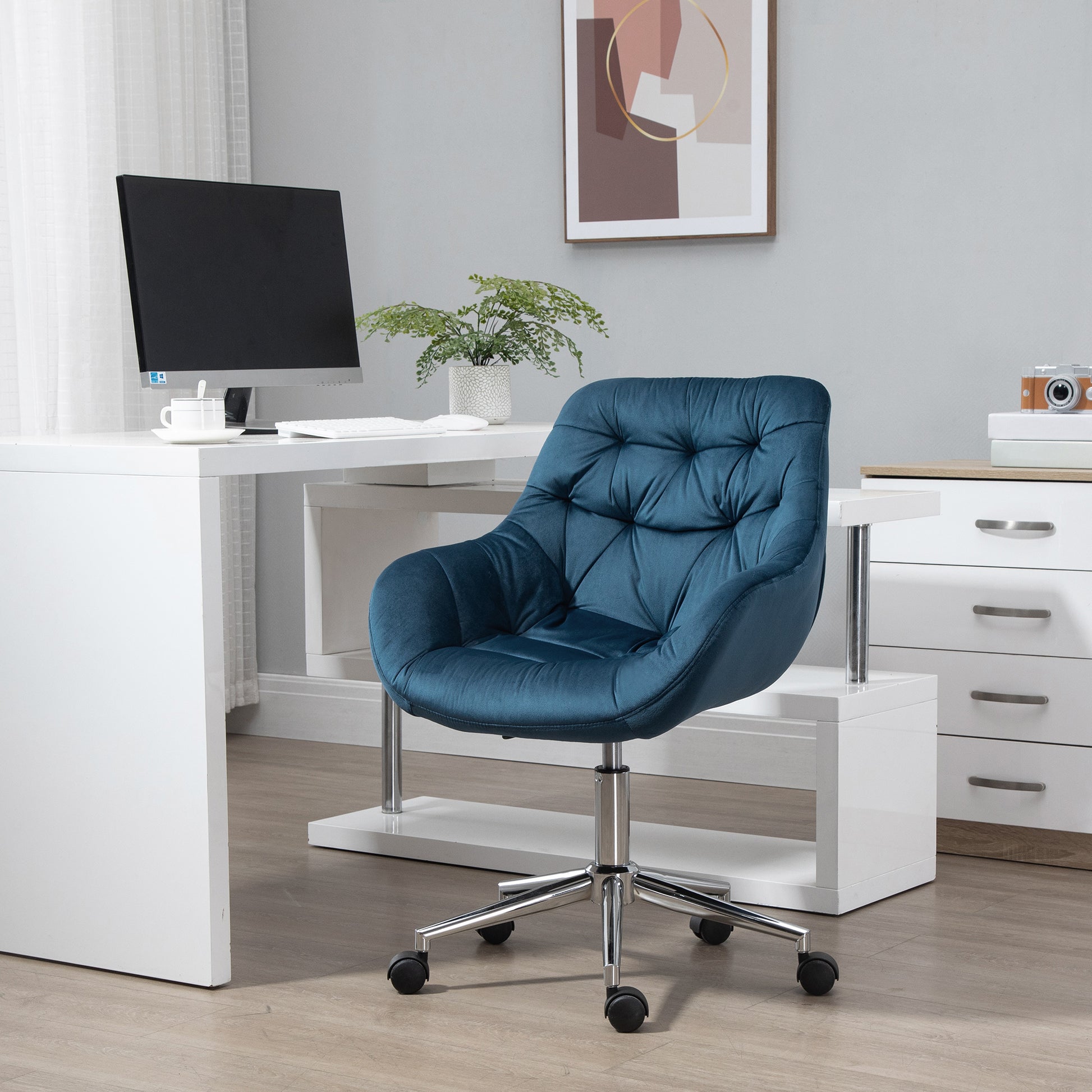 Image for Vinsetto Home Office Chair Velvet Ergonomic Computer Chair Comfy Desk Chair with Adjustable Height, Arm and Back Support, Blue