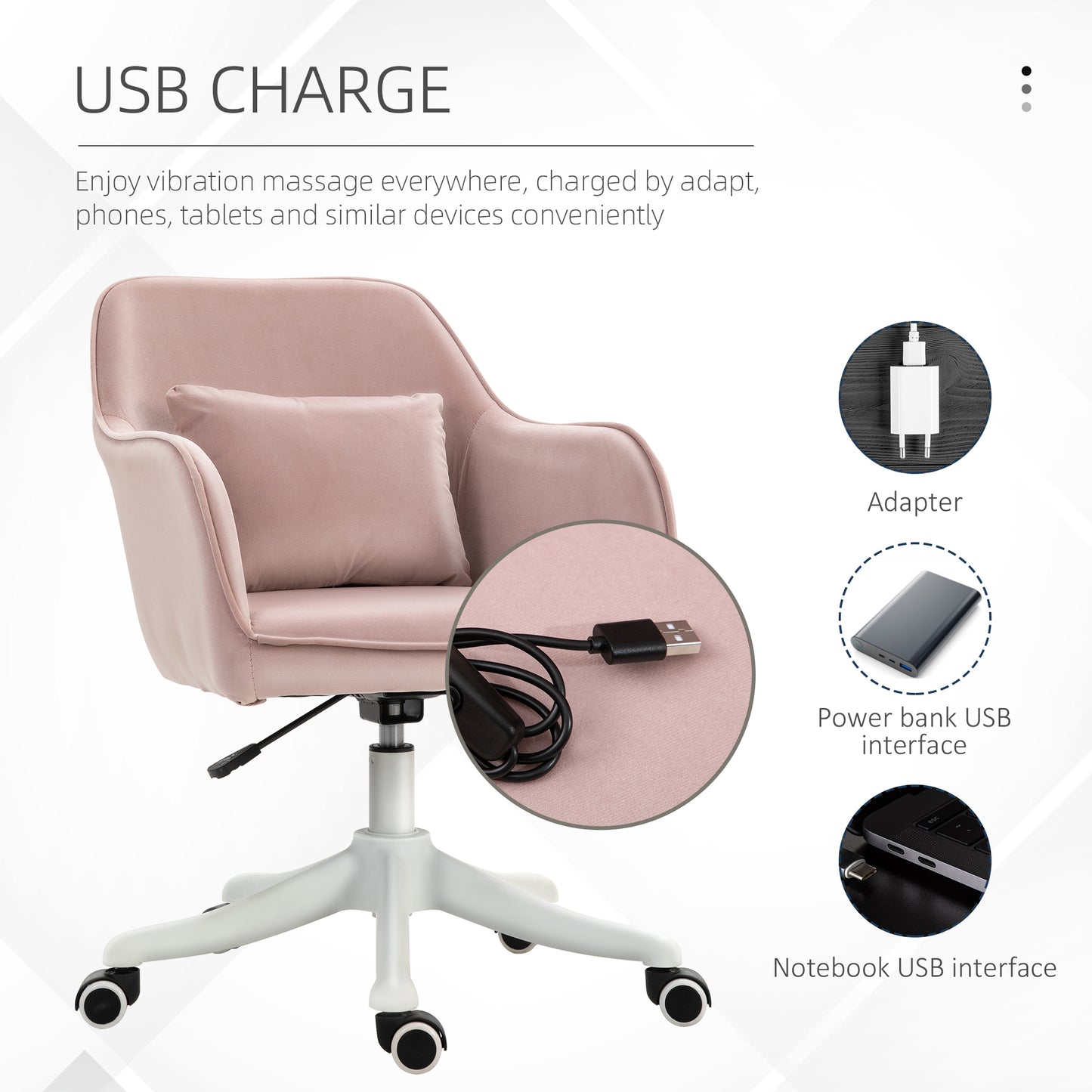 Image for Vinsetto Velvet Style Office Chair with Rechargeable Electric Vibration Massage Lumbar Pillow, Wheels, Pink