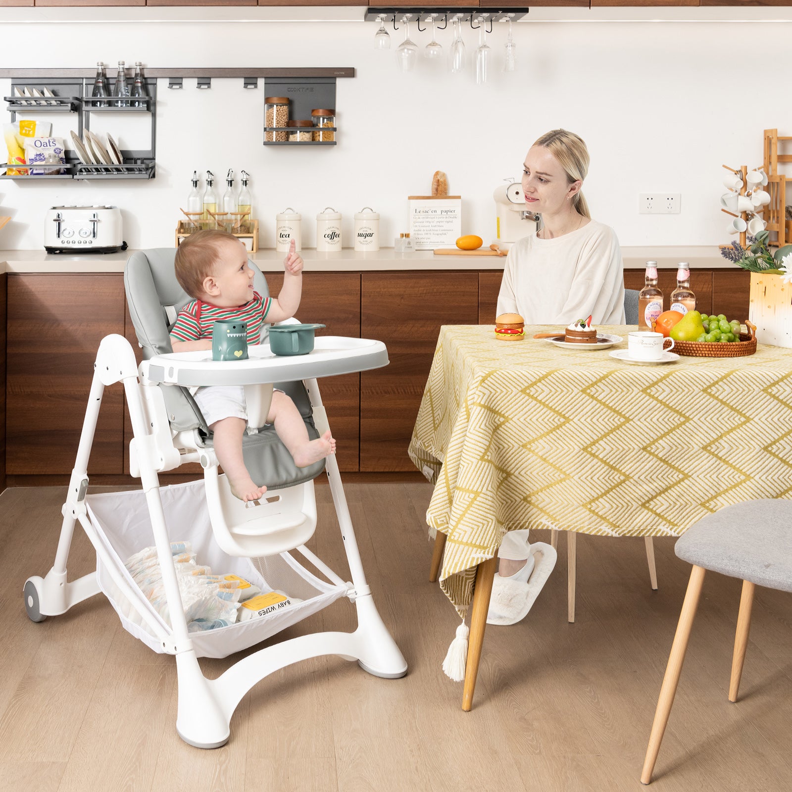 Baby High Chair with Detachable PU Cushion and Lockable Wheels-Black