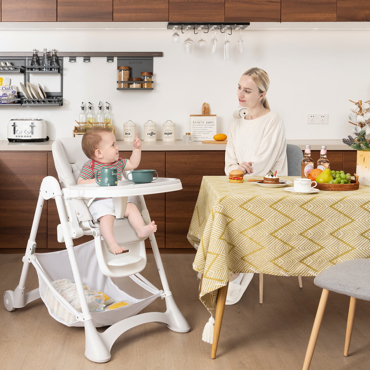 Baby High Chair with Detachable PU Cushion and Lockable Wheels-Black