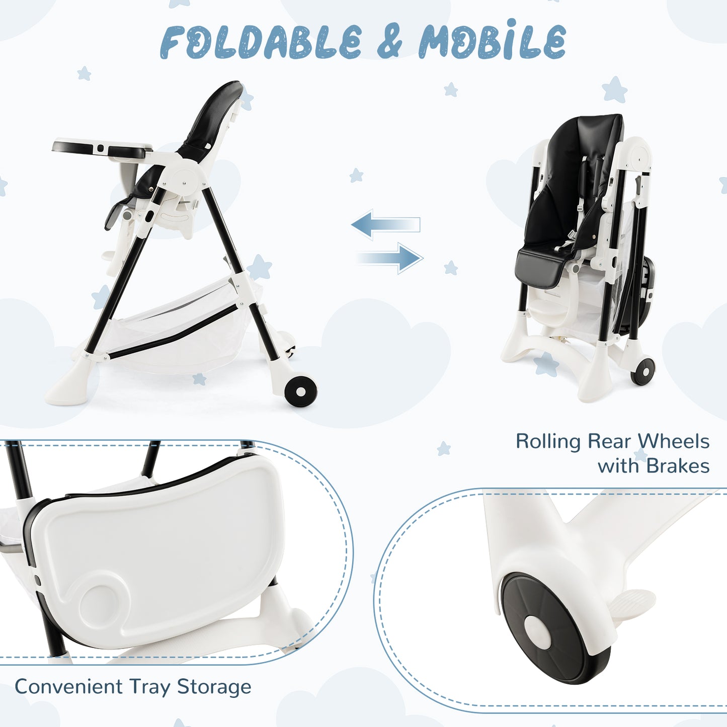 Baby High Chair with Detachable PU Cushion and Lockable Wheels - ChairwayUK