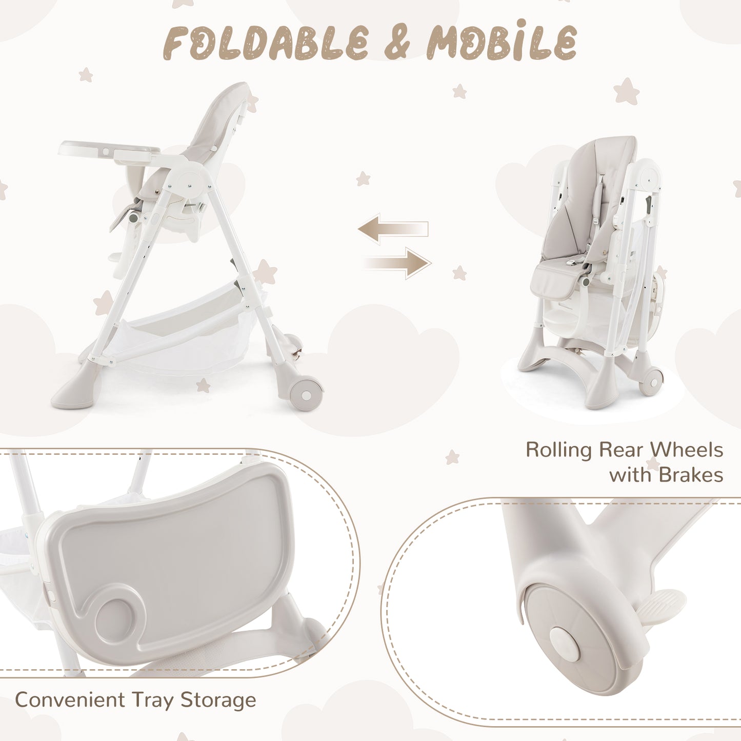 Baby High Chair with Detachable PU Cushion and Lockable Wheels - ChairwayUK