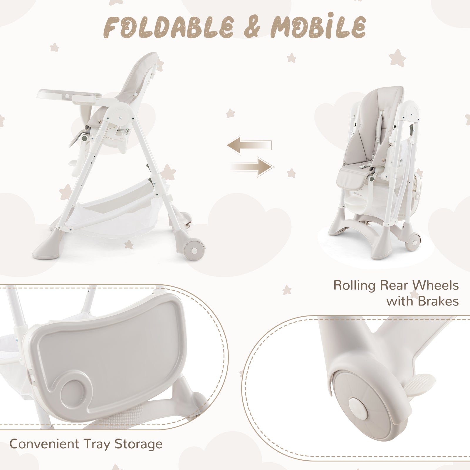 Baby High Chair with Detachable PU Cushion and Lockable Wheels - ChairwayUK