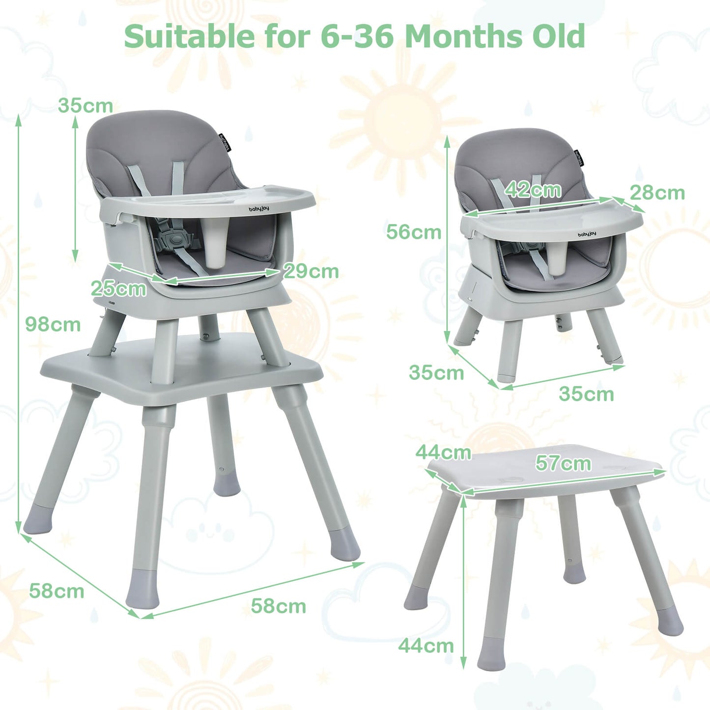 6-in-1 Baby High Chair with 5-Point Harness and Removable Tray - ChairwayUK