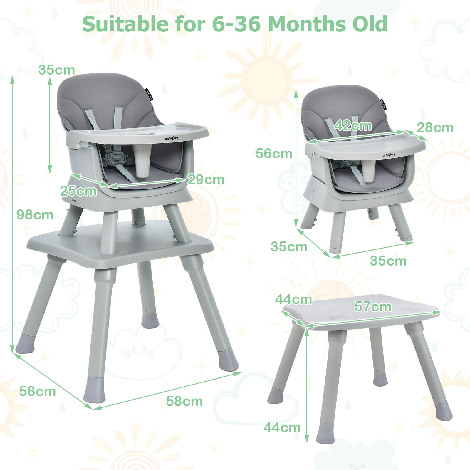 6-in-1 Baby High Chair with 5-Point Harness and Removable Tray - ChairwayUK