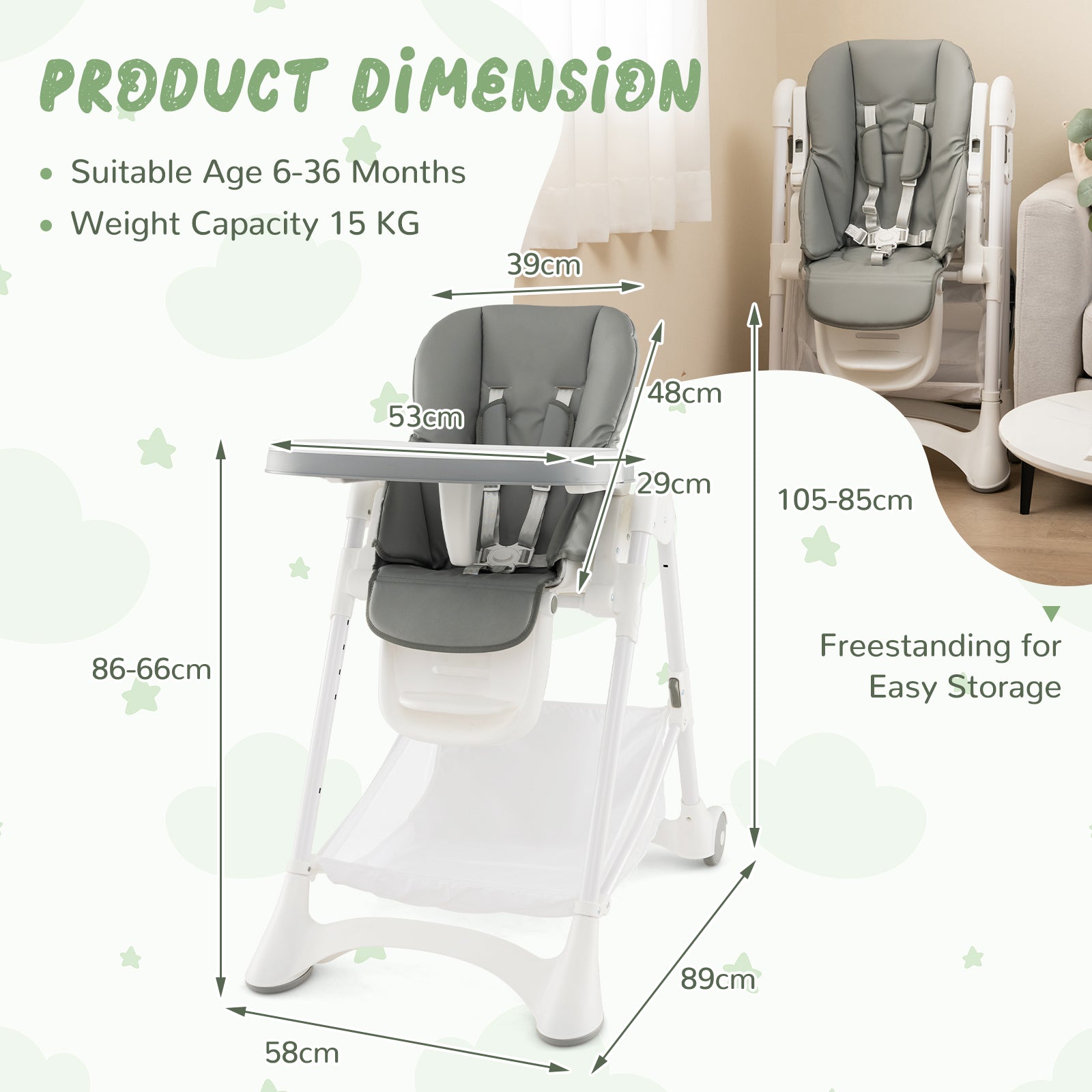 Baby High Chair with Detachable PU Cushion and Lockable Wheels - ChairwayUK