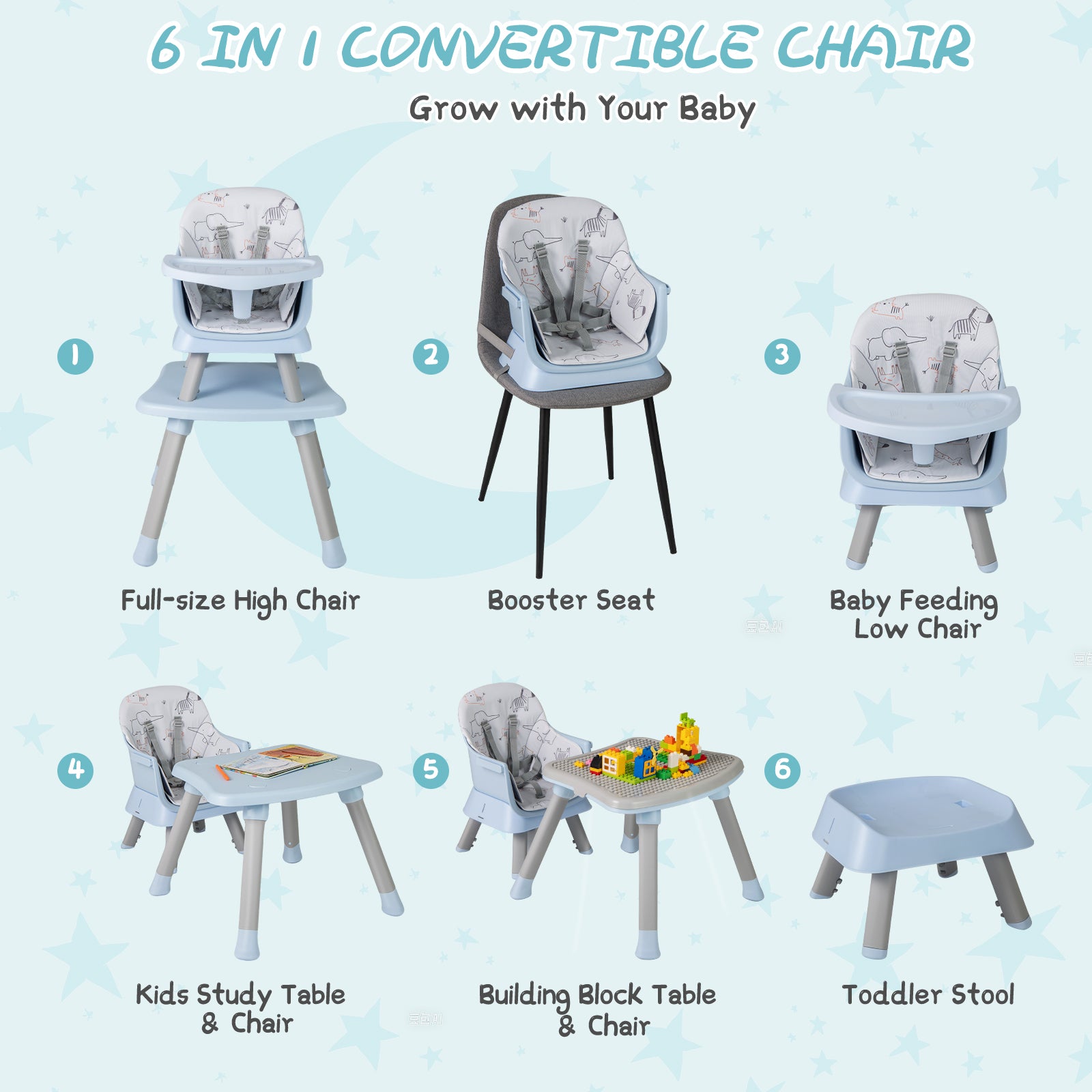 6-in-1 Baby High Chair with 5-Point Harness and Removable Tray - ChairwayUK