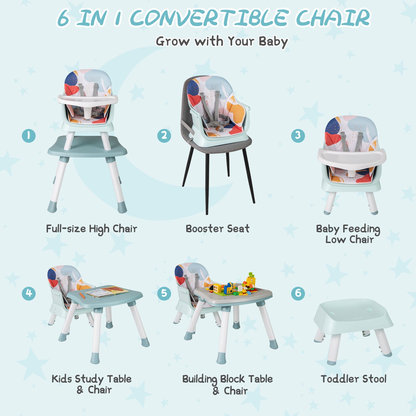 6-in-1 Baby High Chair with 5-Point Harness and Removable Tray - ChairwayUK