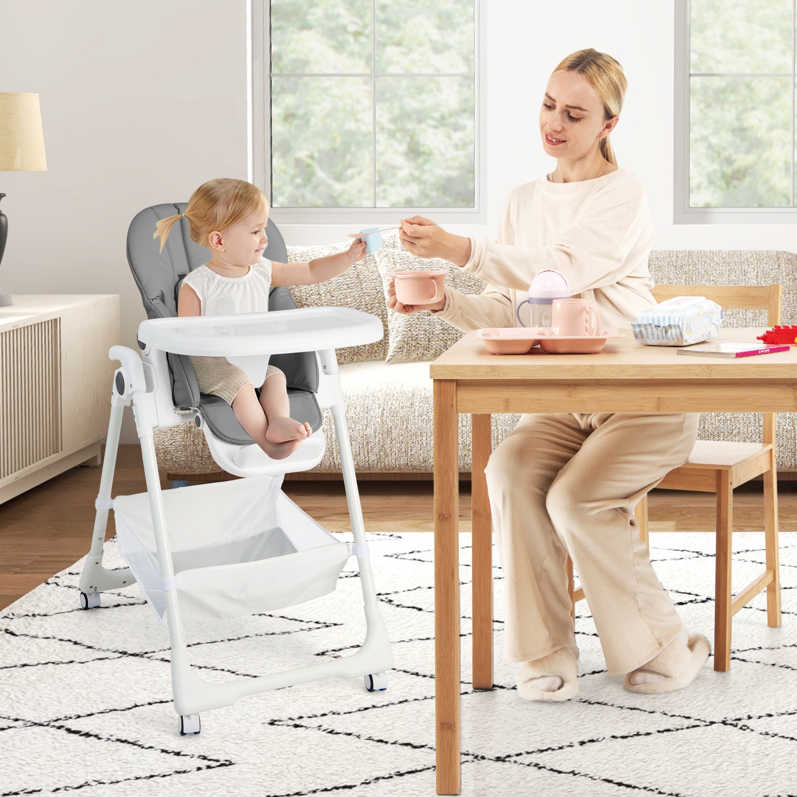 Baby Highchair with Safe, Adjustable and Folding Design-Grey