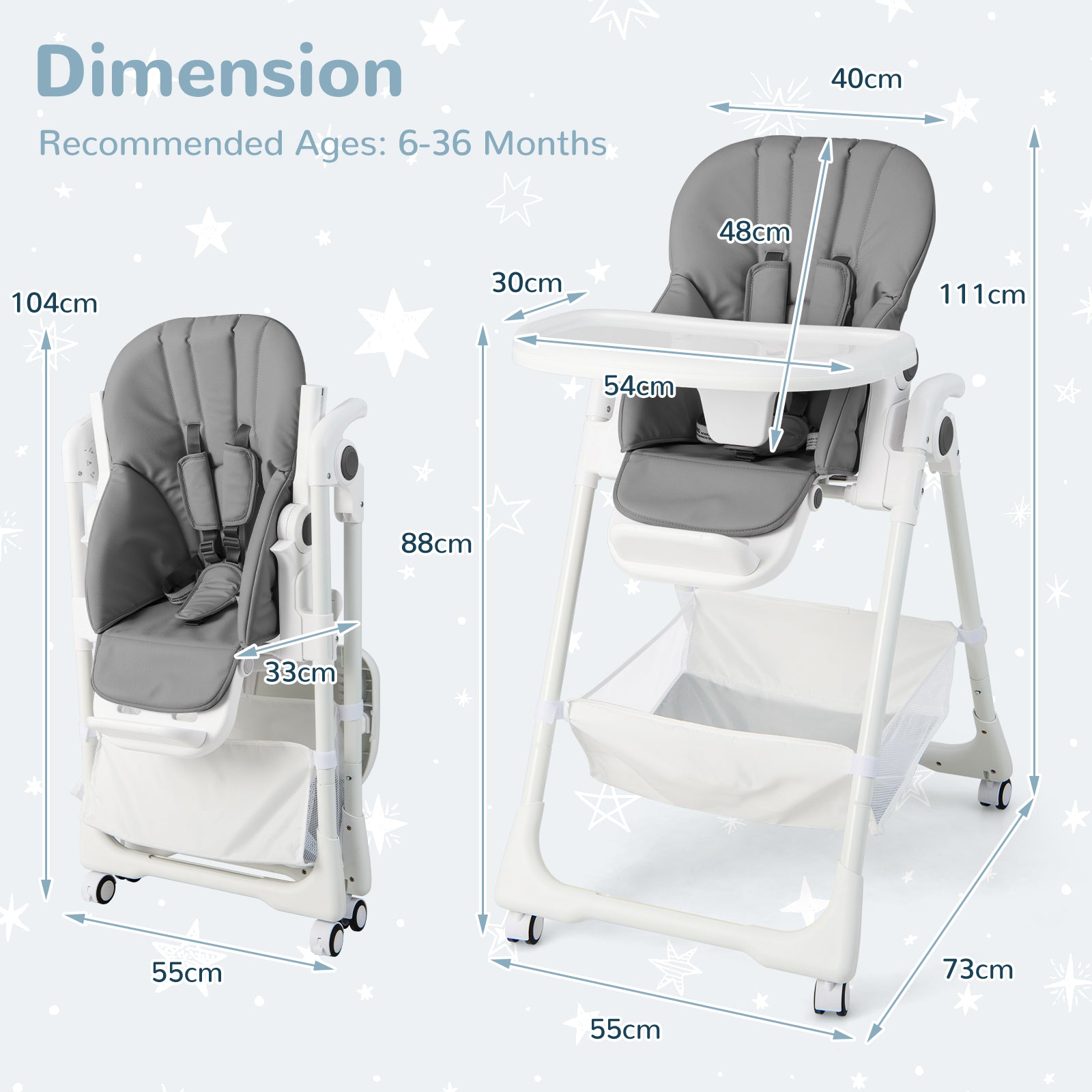 Baby Highchair with Safe, Adjustable and Folding Design-Grey