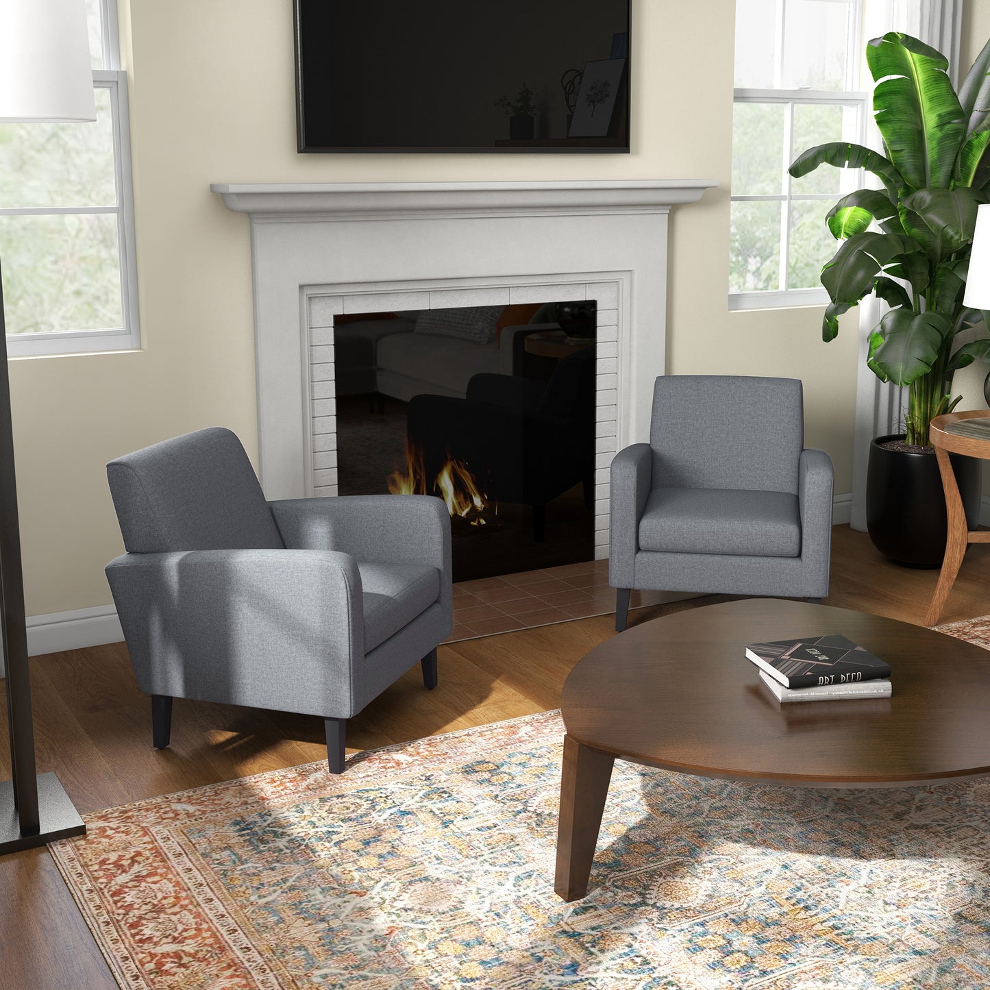 2 Pieces Modern Armchairs with Rubber Wood Legs, Upholstered Accent Chairs, Single Sofa for Living Room, Bedroom